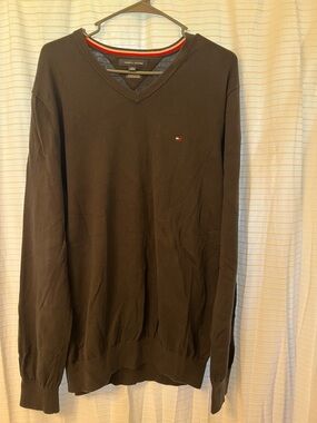 Tommy Hilfiger Black V-Neck Sweater with Red & White Collar Stripe